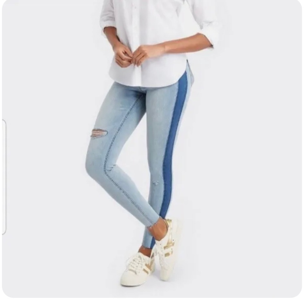Spanx Womens Skinny Pull-On Jeans Slimming Distressed Side Stripe Two Tone XS